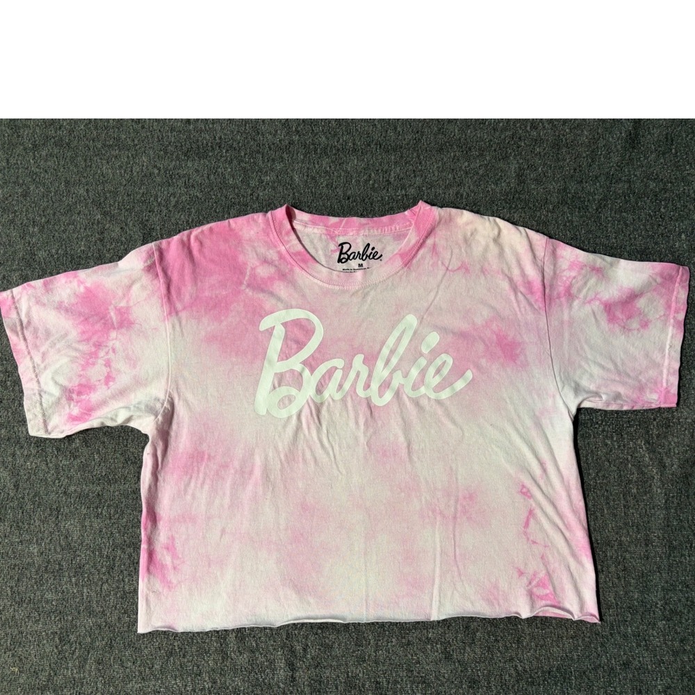 Barbie Pink Tie Dye Crop Top T-Shirt Womens Medium Cotton Logo Graphic Tee